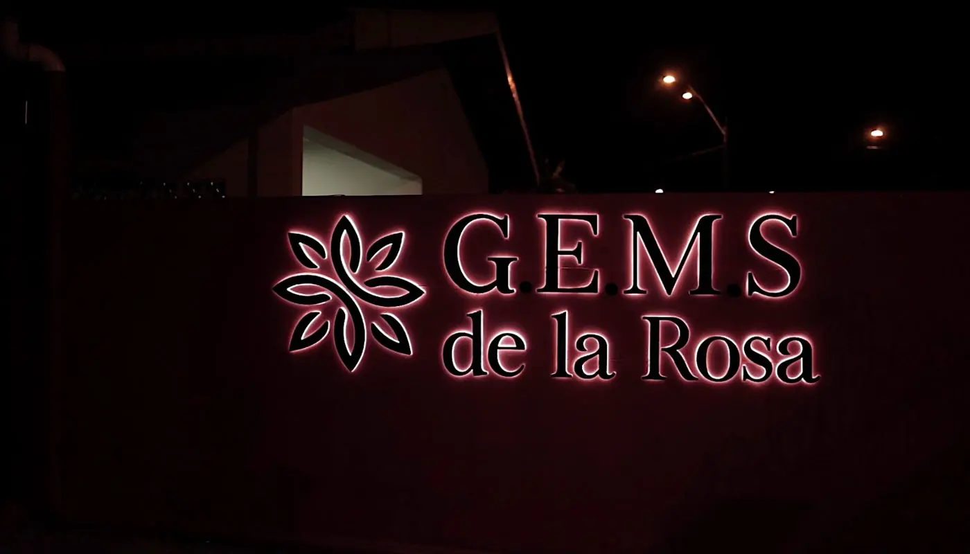 The G.E.M.S de la Rosa sign glowing at night